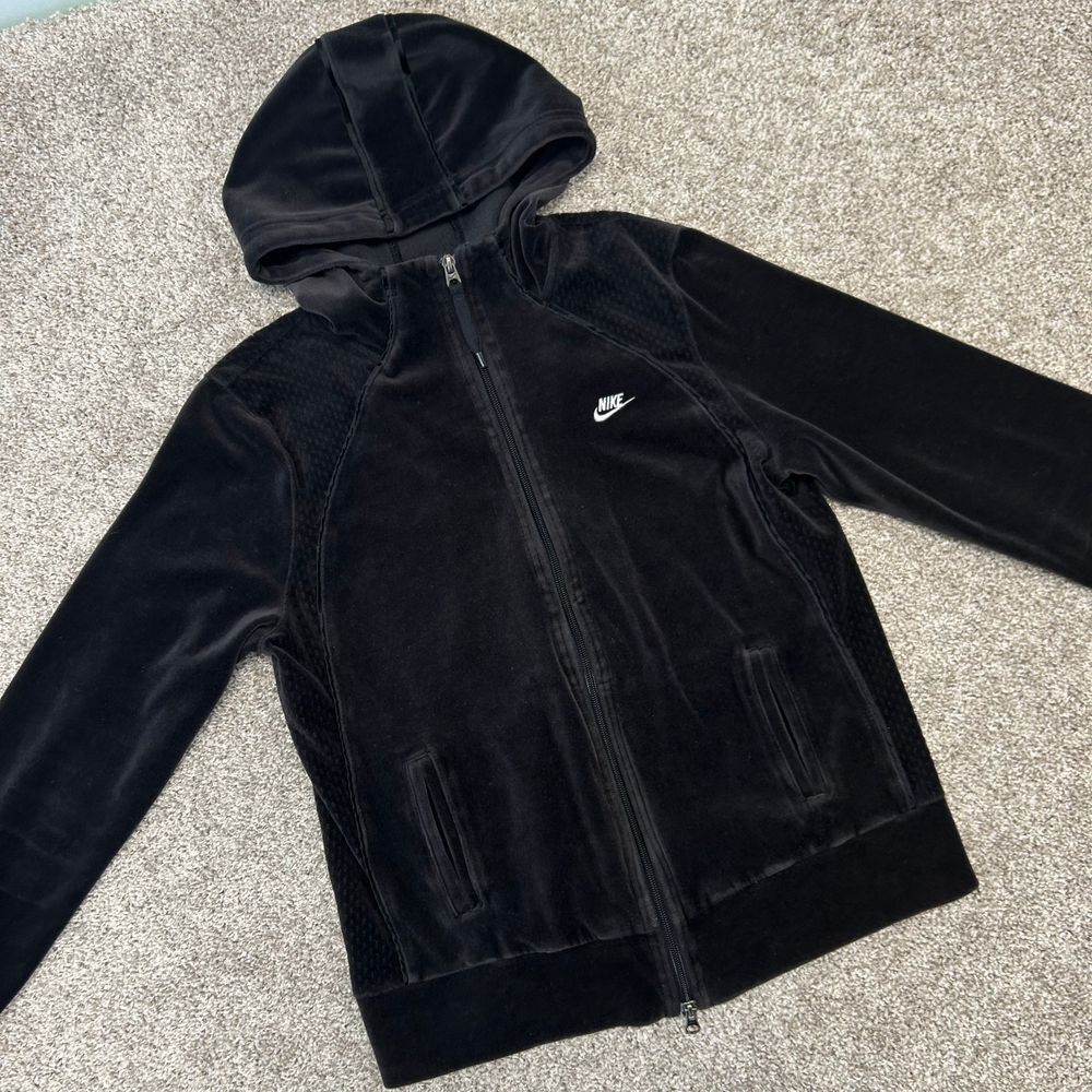Nike Velour Full Zip Track Jacket Women Size Large y2k Black Hooded‎ (714)